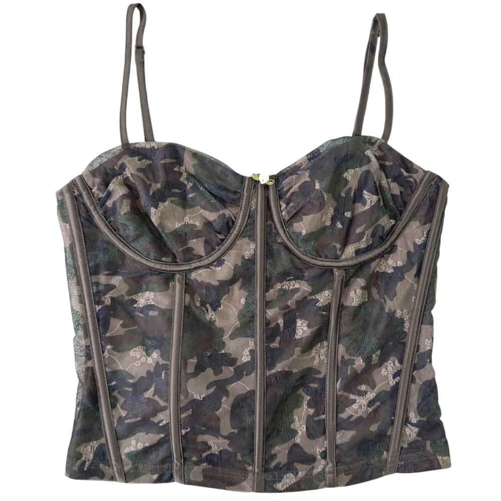 Camo Corset Top Pretty Garbage Womens Med Bustier Grunge Gorp Moto Military Mesh